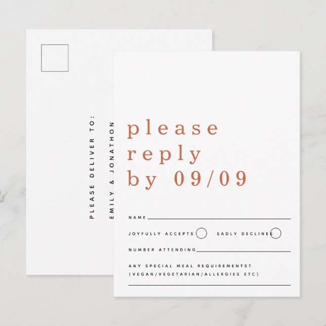 Terracotta Bröllop OSA med minimalistisk typografi Vykort (Fram/baksida)