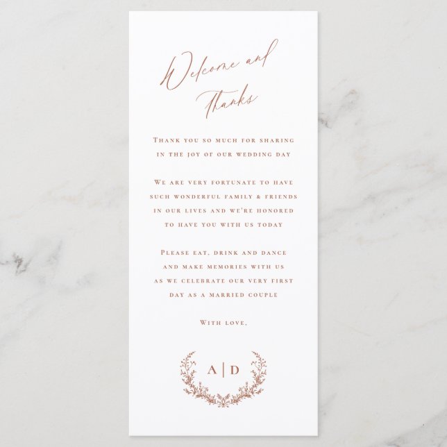 Terracotta Bröllopsdag Välkommen och tack för ditt Meny (Framsida)