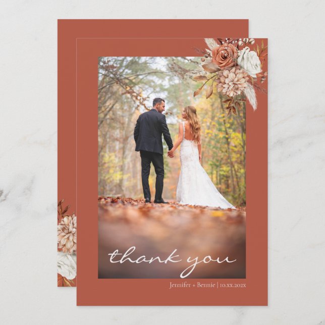 Terracotta Brown Bohemian Blommigt Rustic Bröllop Tack Kort (Fram/baksida)