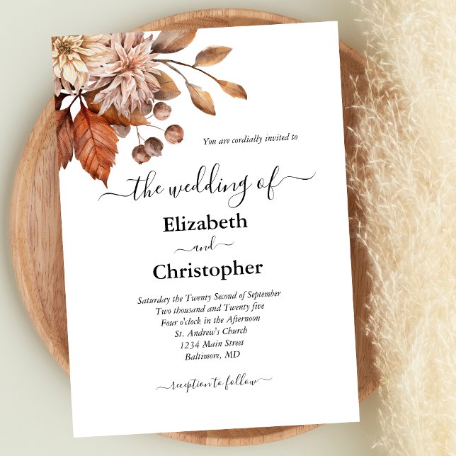 Terracotta Brown Elegant Blommigt Botanical Bröllo Inbjudningar (Terracotta Rust Browns Fall Autumn Colors Boho Wedding invitation.)