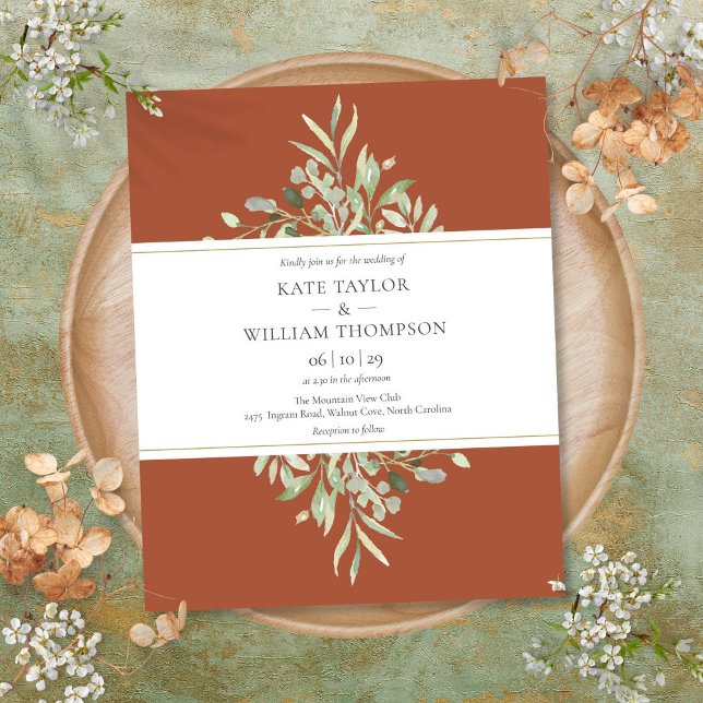 Terracotta Budget Greenery Bröllopskort (Terracotta Budget Greenery Wedding Invitation)