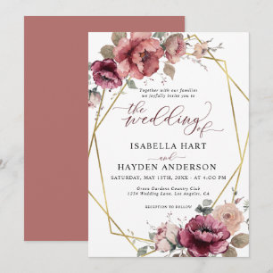 Terracotta Burgundy Blommigt Guld Beige Fall Weddi Inbjudningar
