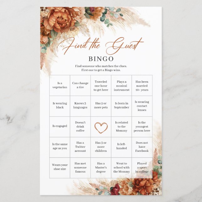 Terracotta burgundy blommigt Hitta gästen Bingo (Framsida)