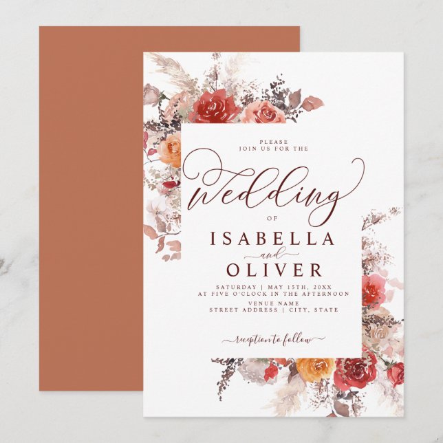 Terracotta Burgundy Burnt Orange Boho Bröllop Invi Inbjudningar (Fram/baksida)