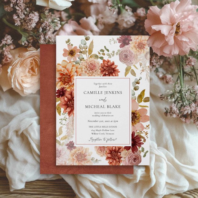 Terracotta Burgundy Fall Floral Wedding Invitation Inbjudningar (Fall Burgundy Rustic Wedding Invitation)