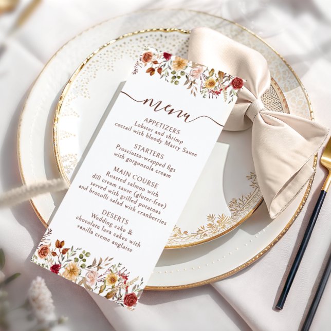 Terracotta Burgundy Floral Wedding Menu Cards (Skapare uppladdad)