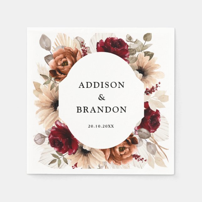 Terracotta Burgundy Mauve Blommigt Geometric Bröll Pappersservett (Framsidan)