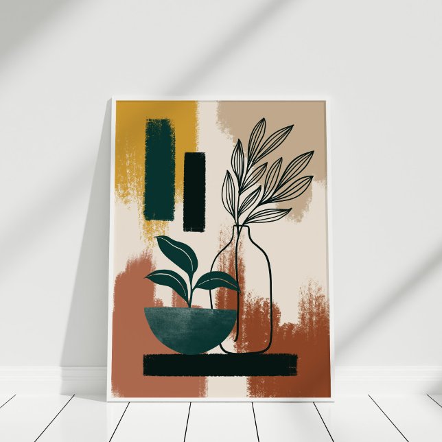 Terracotta Burnt Orange Abstrakt Botaniskt Poster (Terracotta Burnt Orange Abstract Botanical Poster in white frame.)