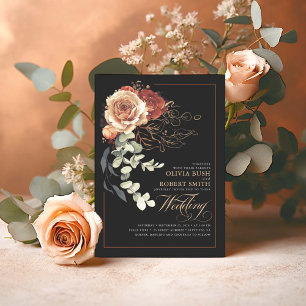 Terracotta Burnt Orange Blommigt Black Boho Bröllo Inbjudningar