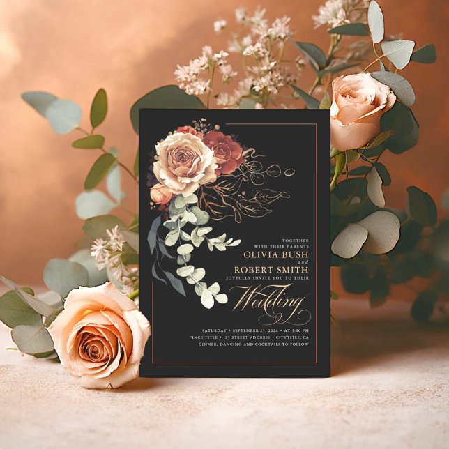 Terracotta Burnt Orange Blommigt Black Boho Bröllo Inbjudningar (Black and Terracotta Boho Wedding Invitations)