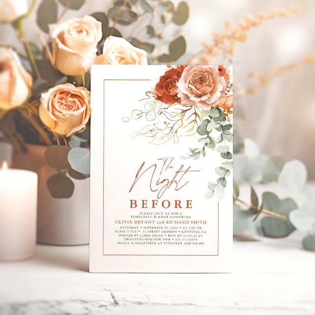 Terracotta Burnt Orange Blommigt Rehearsal Dinner Inbjudningar (Boho Terracotta The Night Before Rehearsal Dinner Invitations)