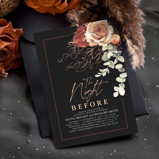 Terracotta Burnt Orange Blommigt Rehearsal Dinner Inbjudningar (Terracotta and Black Rehearsal Dinner Invitations)