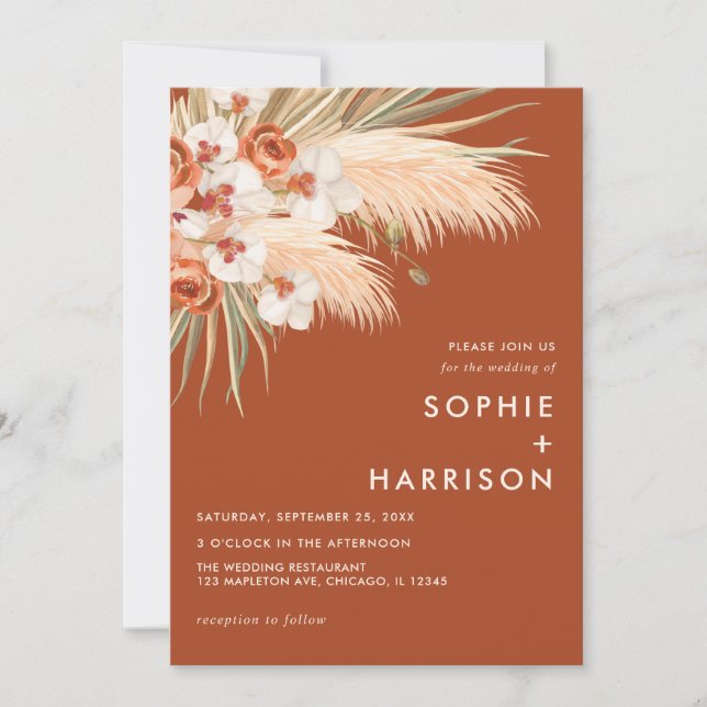 Terracotta Burnt Orange Boho Pampas Grass Bröllop Inbjudningar (Framsida)