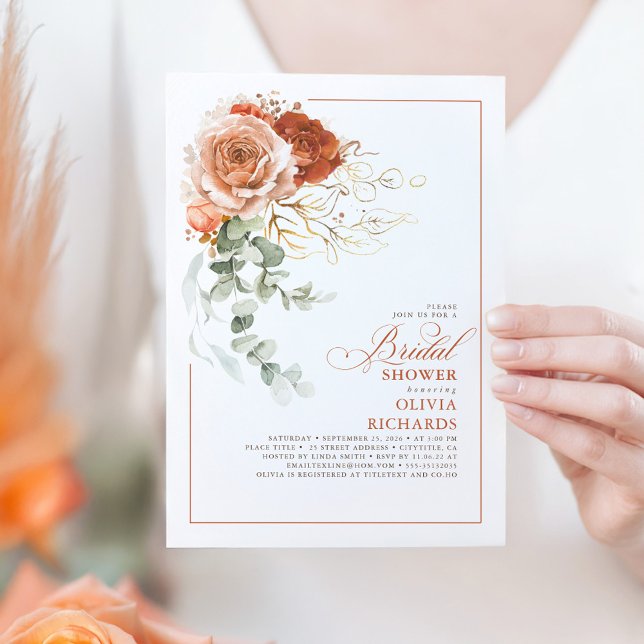 Terracotta Burnt Orange Eucalyptus Möhippa Inbjudningar (Terracotta Floral Bridal Shower Invitation)