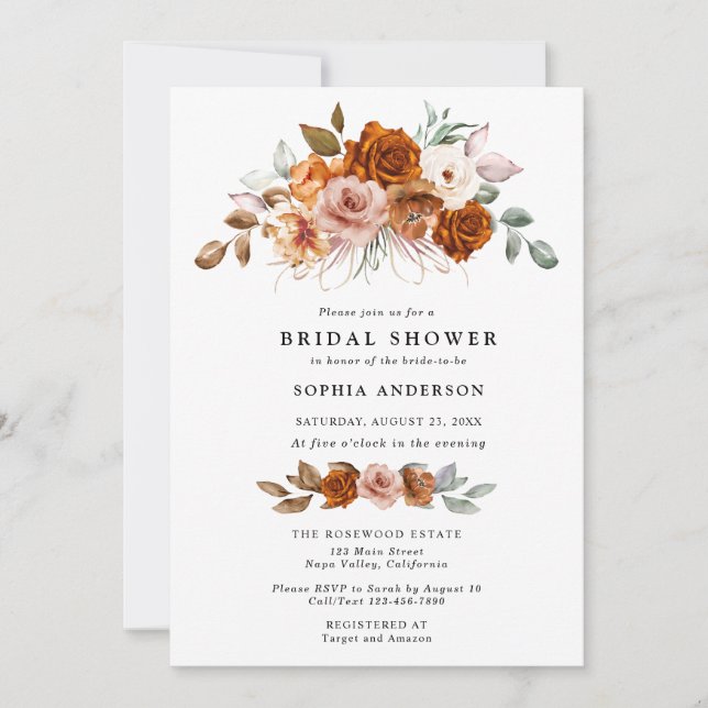 Terracotta Burnt Orange Floral Bridal Shower Inbjudningar (Framsida)