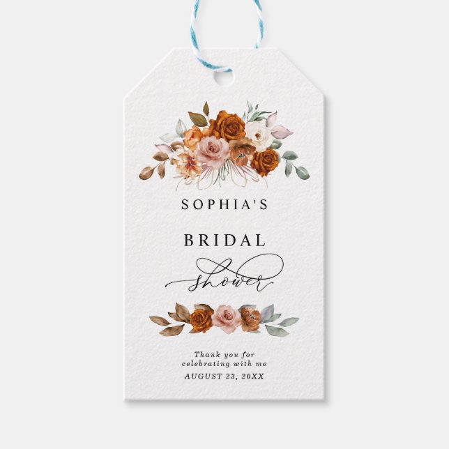 Terracotta Burnt Orange Floral Bridal Shower Presentetikett (Framsidan)