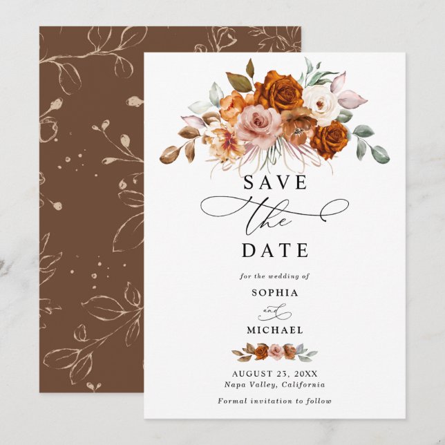 Terracotta Burnt Orange Floral Save The Date  Inbjudningar (Fram/baksida)