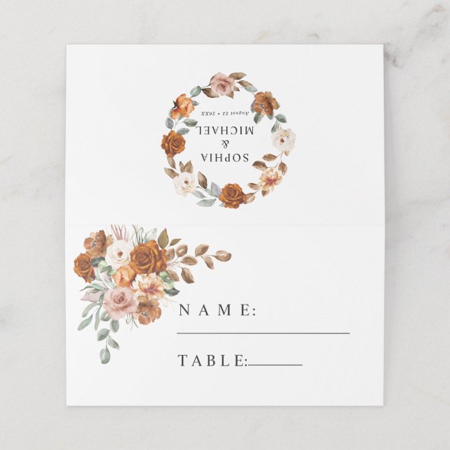 Terracotta Burnt Orange Floral Wedding Placeringskort (Utvändigt utvikt)