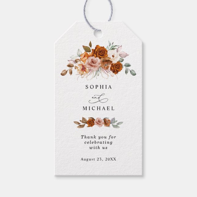 Terracotta Burnt Orange Floral Wedding Presentetikett (Framsidan)