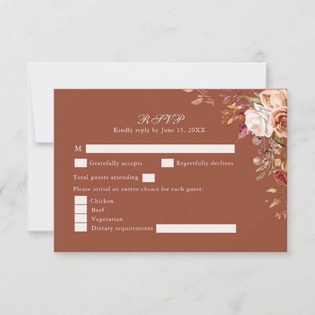 Terracotta Burnt Orange Floral Wedding RSVP Card OSA Kort (Framsida)