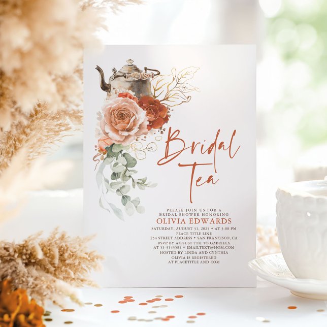 Terracotta Burnt Orange Möhippa Tea Party Inbjudningar (Bridal Tea Terracotta Boho Bridal Shower Invitations)