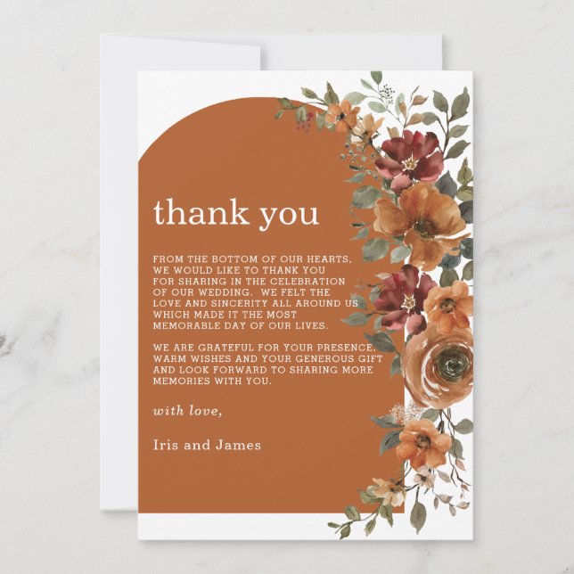 Terracotta Burnt Orange Rust Blommigt Fall Wedding Tack Kort (Framsida)