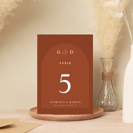 Terracotta Coriander Boho Arch Monogram Bröllop Bordsnummer