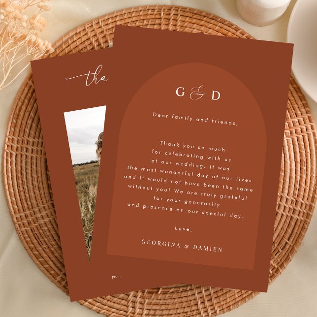 Terracotta Coriander Boho Photo Monogram Bröllop Tack Kort (Skapare uppladdad)