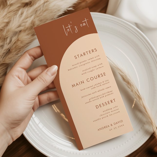Terracotta & Cream Boho Arch Låt oss Eat Bröllop Meny (Skapare uppladdad)