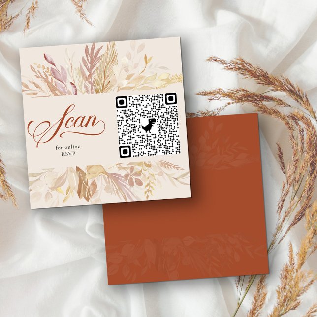 Terracotta Cream Botanical Online OSA QR Code Tilläggskort (Square enclosure card with custom qr code for online rsvp. Terracotta burnt orange and cream)