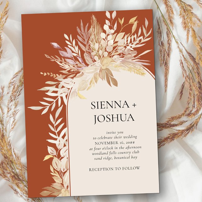 Terracotta Cream Eleganten Botanical Arch Bröllop Inbjudningar (Simple modern wedding arch invitation in terracotta burnt orange with neutral fall leaves)