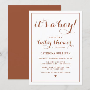Terracotta Det är en pojk-Calligraphy Baby Shower Inbjudningar