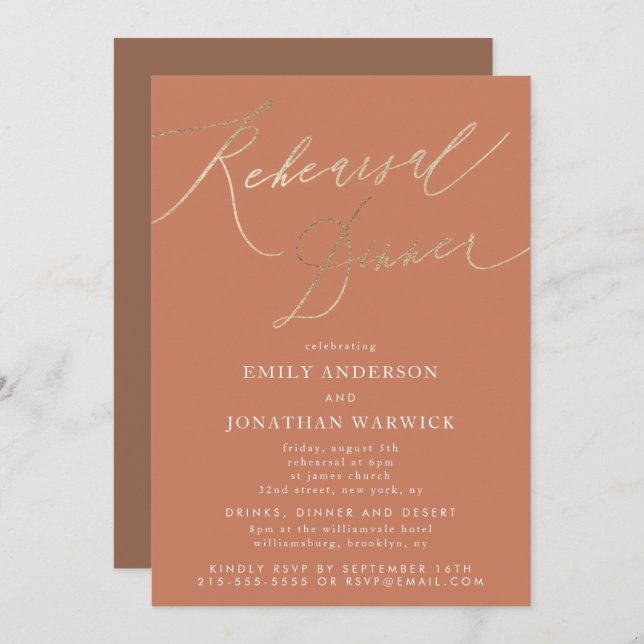 Terracotta Dusty Orange Elegant bröllop Rehearsal Inbjudningar (Fram/baksida)