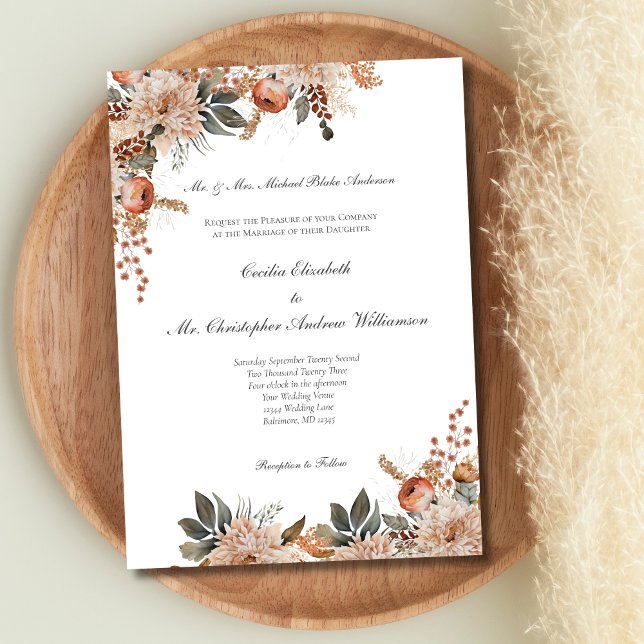 Terracotta Earth Tones Blommigt Botanical Bröllop Inbjudningar (Terracotta Beige Green Earth Tones Floral Botanical Wedding Invitation)