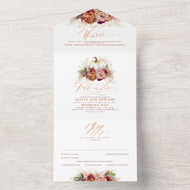 Terracotta Earthy Blommigt Pumpkins Fall Wedding (Insida)