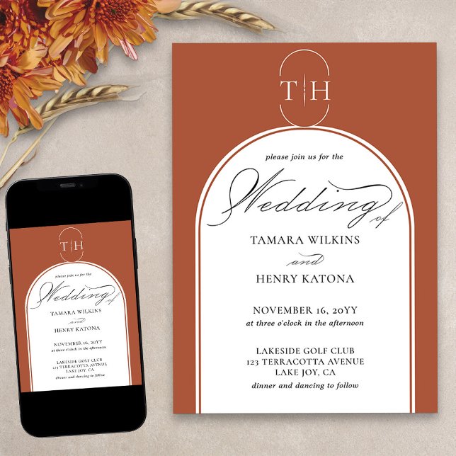 Terracotta Elegant Calligraphy Monogrammed Bröllop Inbjudningar (Elegant terracotta monogrammed wedding invitation from my Wedding Colors collection)