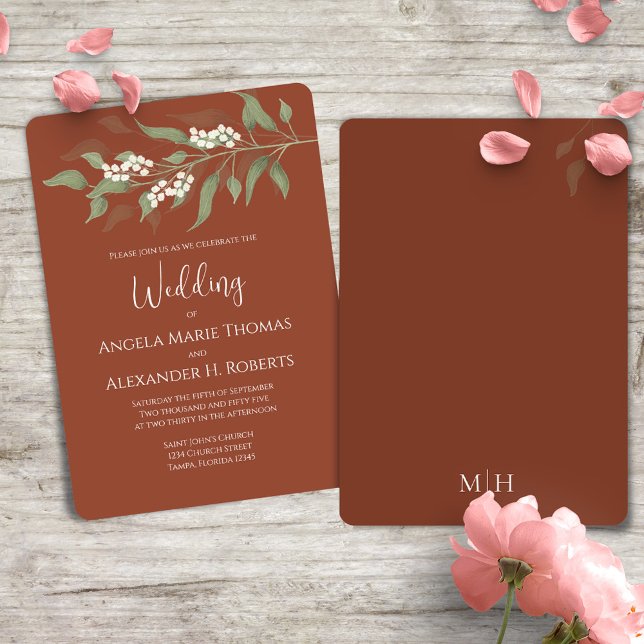 Terracotta Elegant Greenery Bröllop Anpassningsbar Inbjudningar (Terracotta elegant wedding invitation with watercolor greenery and foliage. )