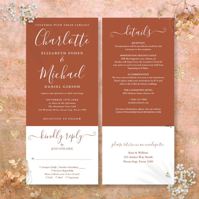 Terracotta Elegant Script All In One Bröllop  Inbjudningar (Terracotta Elegant Script All In One Wedding Invitation)