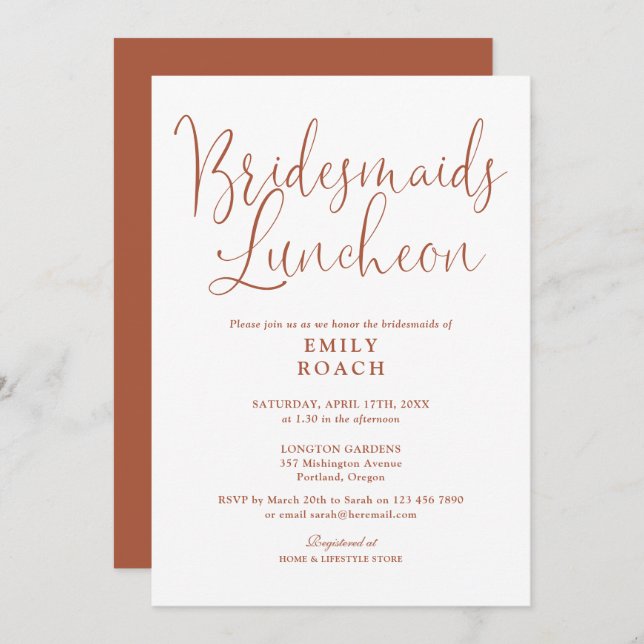 Terracotta Elegant Script Bridesmaids Luncheon Inbjudningar (Fram/baksida)