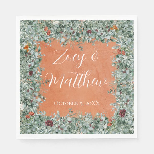 Terracotta Eucalyptus Burgundy Orange Floral Pappersservett (Framsidan)