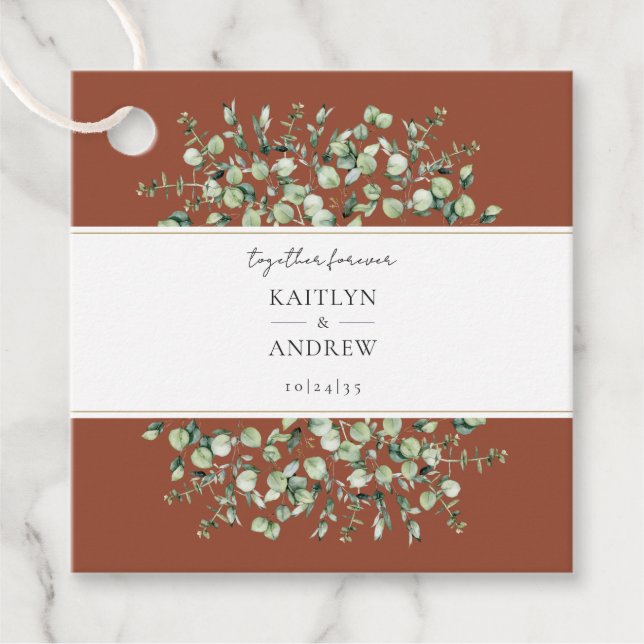 Terracotta Eucalyptus i Bröllop tillsammans Gåvor Etiketter (Framsida)