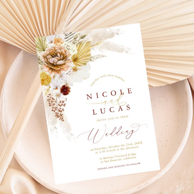 Terracotta Fall Autumn Boho Pampas Grass Bröllop Inbjudningar (Skapare uppladdad)