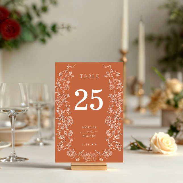 Terracotta Fall Blommigt Bröllop Bordsnummer (Terracotta autumn or fall vintage floral wedding table number)