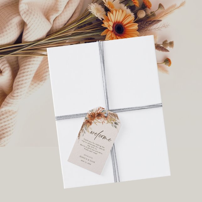 Terracotta Fall Blommigt Bröllop Välkomsthälsning Presentetikett (Terracotta Fall Floral Wedding Welcome Bag Gift Tags)