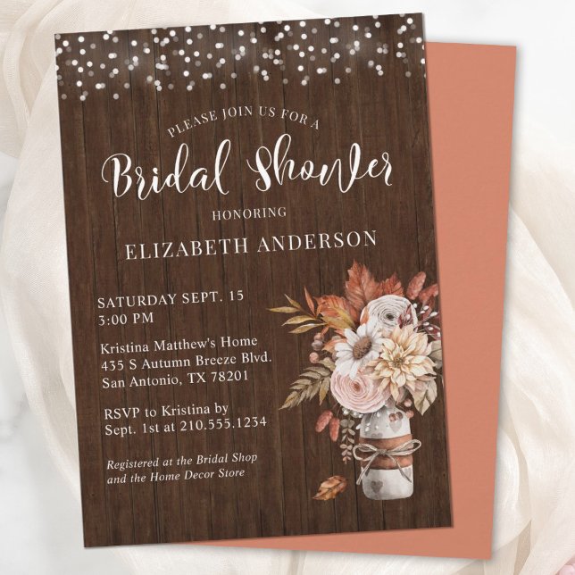 Terracotta Fall Blommigt Mason Burk Möhippa Inbjudningar (An elegant and rustic Autumn bridal shower invitation, featuring a mason jar filled with flowers.)