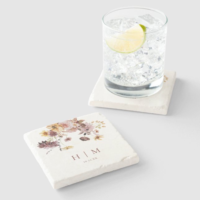 Terracotta Fall Blommigt Monogram Bröllop Stenunderlägg (Sidan)