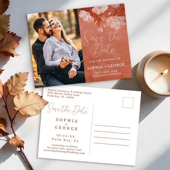 Terracotta Fall Blommigt Spara postkortet för datu Vykort (Save The Date)
