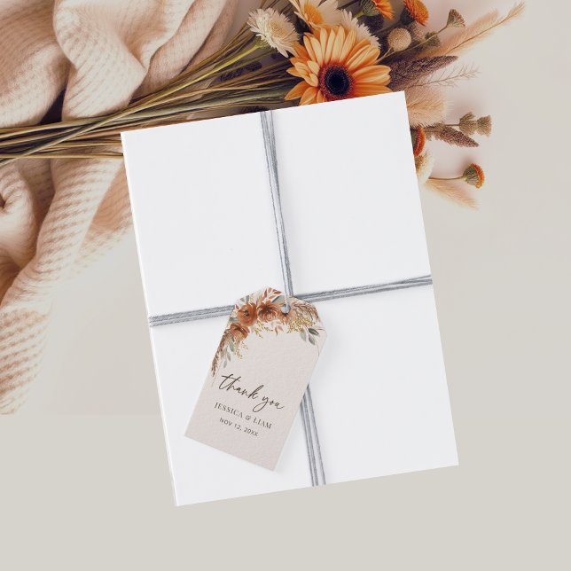 Terracotta Fall Blommigt Wedding Favor Tack Presentetikett (Terracotta Fall Floral Wedding Favor Thank you Gift Tags)