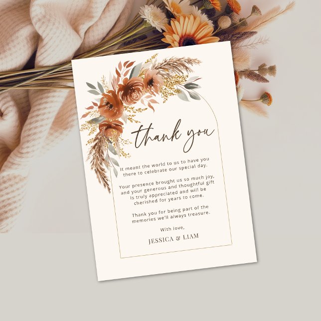 Terracotta Fall Boho Blommigt Bröllop Tack för dit (Terracotta Fall Boho Floral Wedding Thank you Card)