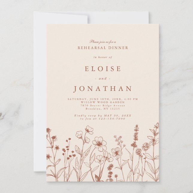 Terracotta Fall Boho Wildblomme Rehearsal Dinner Inbjudningar (Framsida)